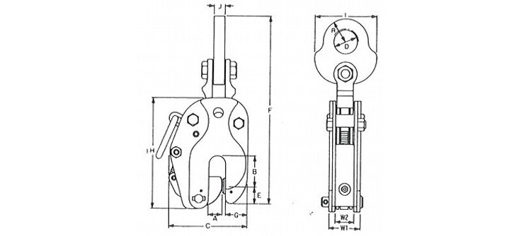 SLT型豎吊鋼板鉗結構尺寸圖 SLT型豎吊鋼板鉗結構尺寸圖
