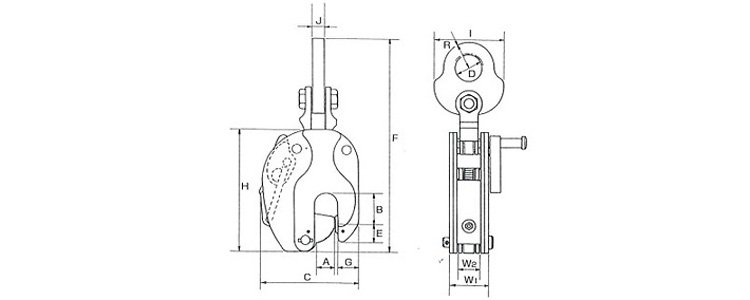 RST型豎吊鋼板鉗結(jié)構(gòu)尺寸圖 RST型豎吊鋼板鉗結(jié)構(gòu)尺寸圖