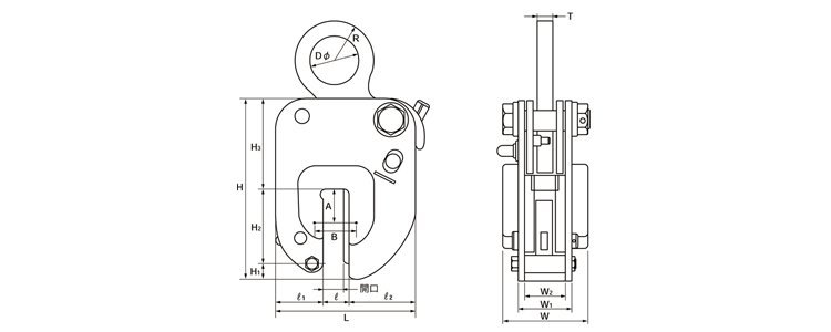 NE型豎吊鋼板夾鉗結構尺寸圖 NE型豎吊鋼板夾鉗結構尺寸圖